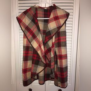 Brown and red plaid vest with side pockets